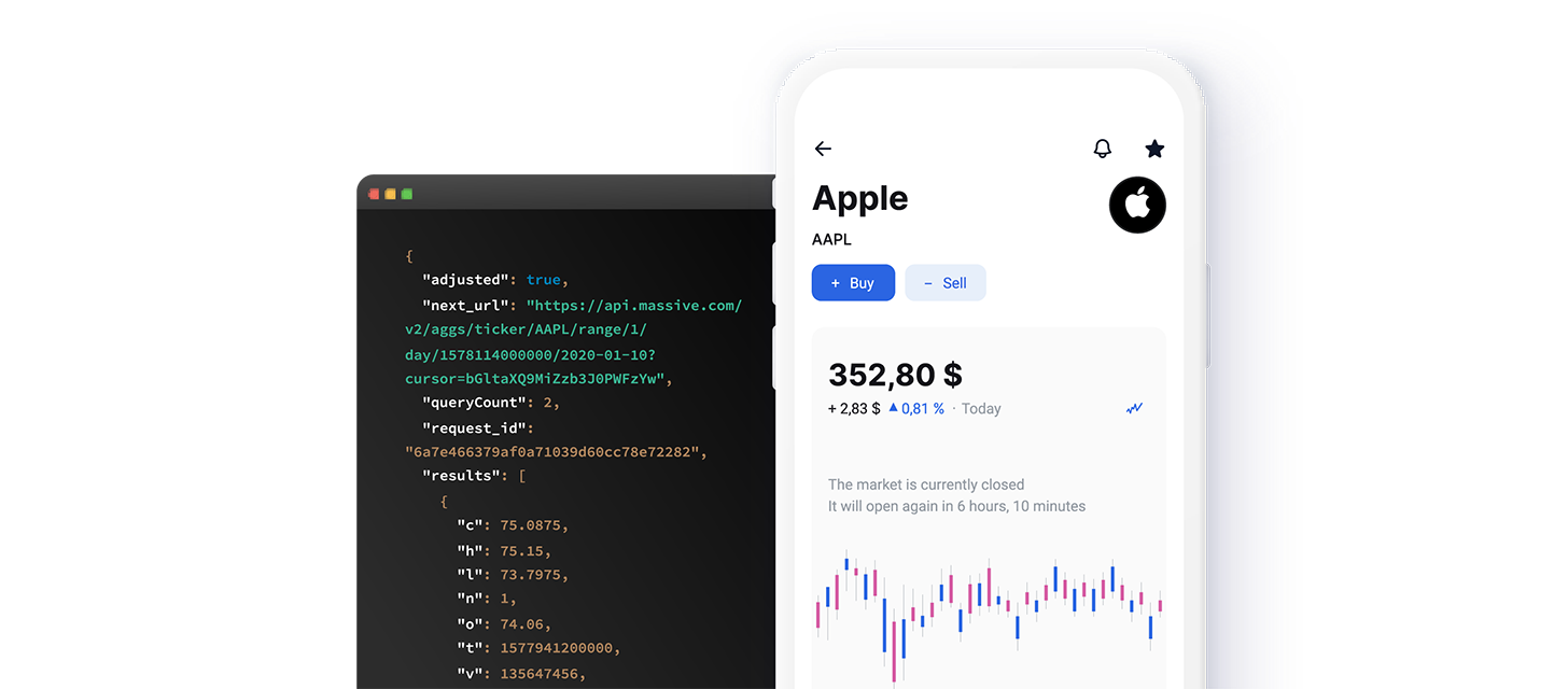 Demonstration of JSON data powering a stocks data UI A screenshot displaying a JSON response with stock data on one side and a graphical user interface presenting the same information, illustrating the types of applications you can build with Massive.com data